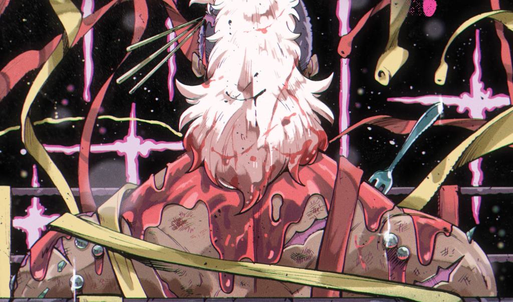 Illustration of a character with a white beard, splattered with pink substance, amidst abstract shapes and lines.