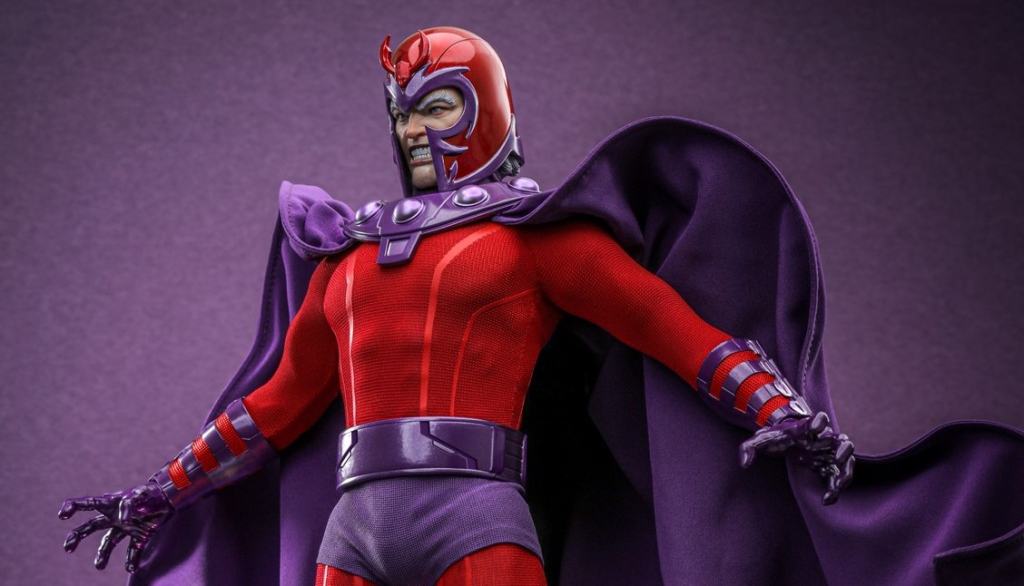 An action figure of magneto, a character from the x-men series, displaying a dynamic pose with a flowing cape.