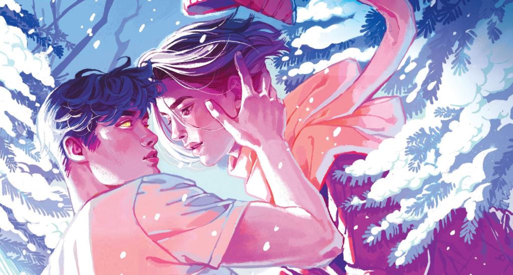 An illustration of two individuals sharing an intimate moment in a snowy forest setting.