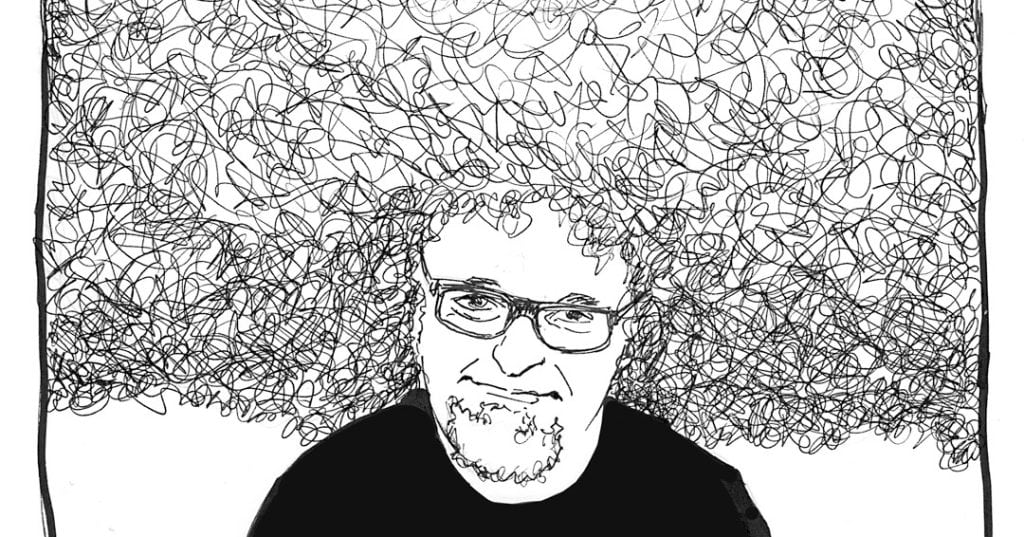 A black and white drawing of a man with a head full of hair.