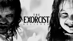 Promotional artwork for 'the exorcist: believer' featuring intense, contrasting images of a child with a sinister expression.