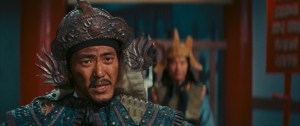 Two actors in traditional asian warrior costumes on a film set.