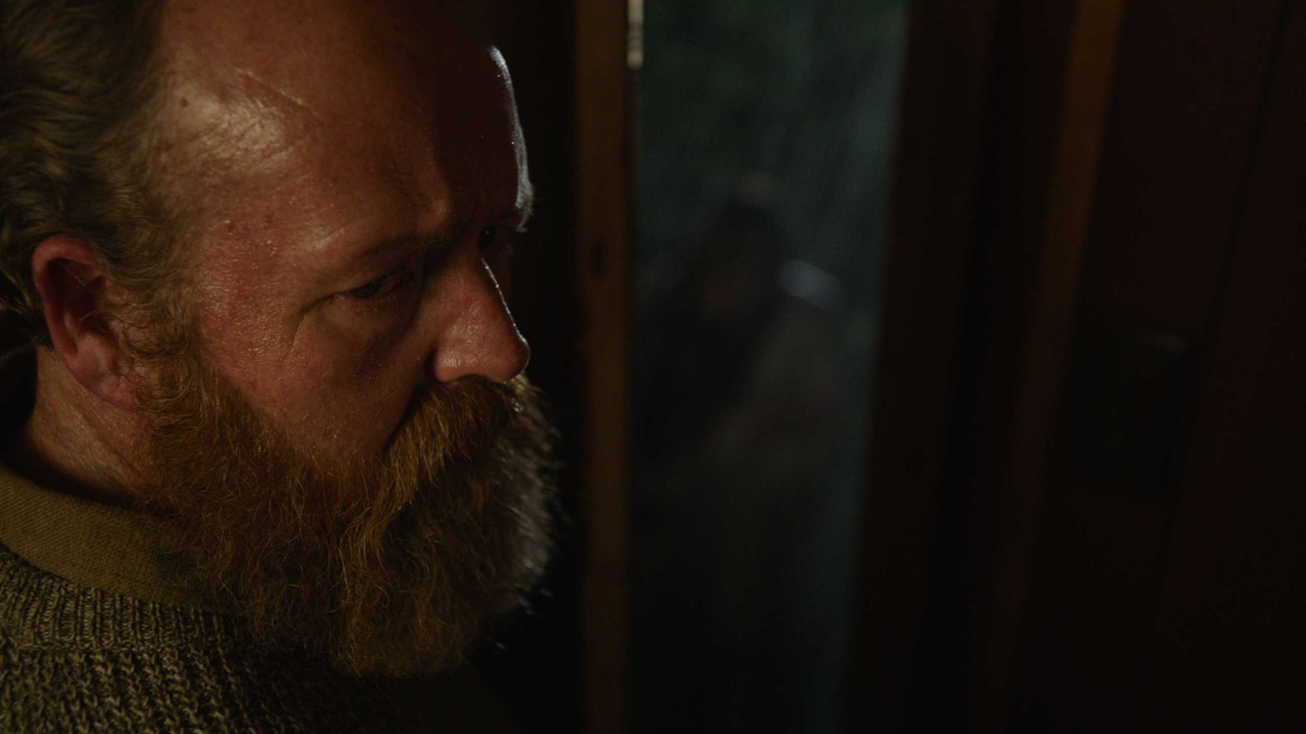 Man with a beard gazing intently out of a dimly lit wooden cabin.