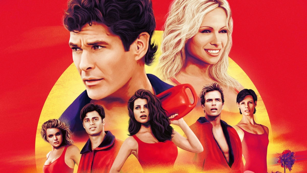 A promotional image for "baywatch" featuring a collage of the main characters against a red and yellow background.
