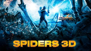 A person in protective gear stands ready to confront oversized spiders in a chaotic, blue-hued environment, as depicted in the promotional artwork for "spiders 3d.