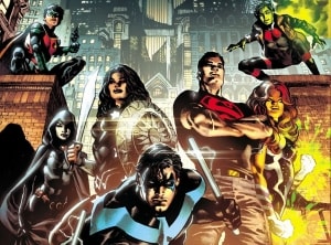 Illustration of the teen titans, a group of young superheroes, with a cityscape backdrop.