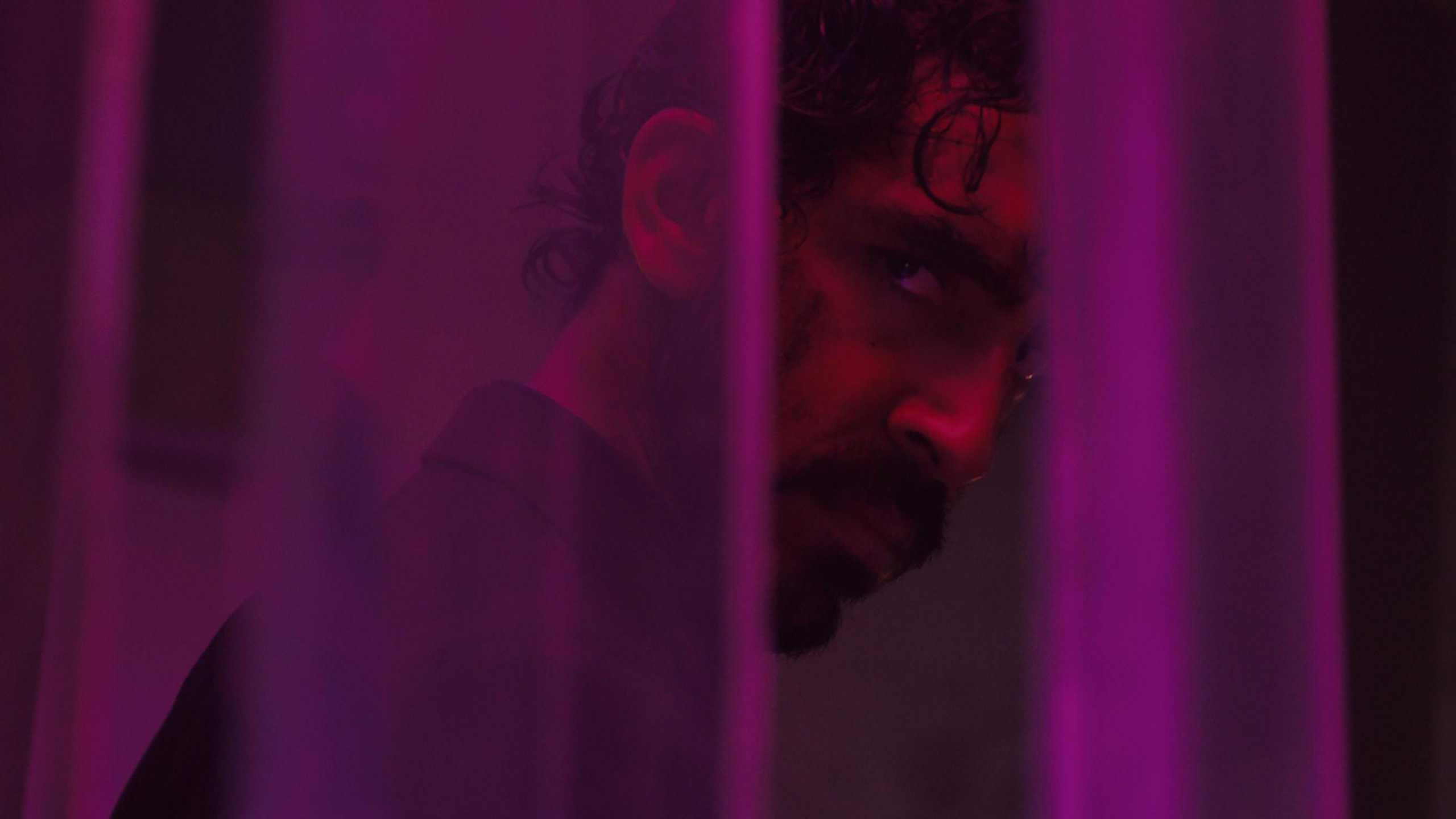 Man with a beard looking intently through purple-tinted bars.