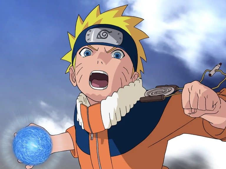 Animated ninja character charging an energy ball, mid-action against a cloudy sky.