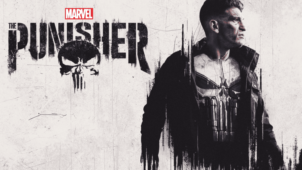 Promotional image for marvel's "the punisher" featuring a male character with a distinctive skull logo.
