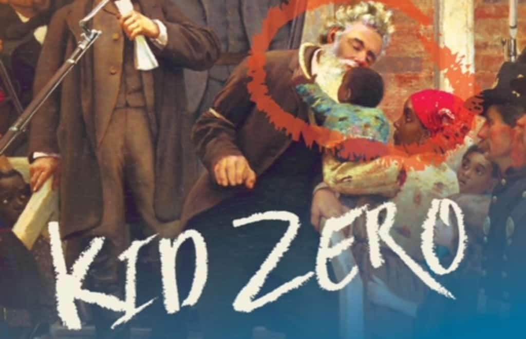 A close-up of a historical painting depicting a man kissing a child on the forehead, with the text "kin zero" superimposed in white.
