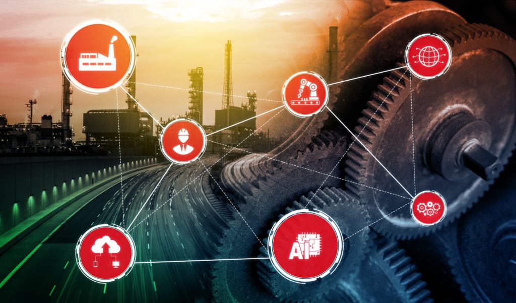 Industrial automation concept with gears and icons representing various digital manufacturing technologies over an image of a highway and industrial landscape.