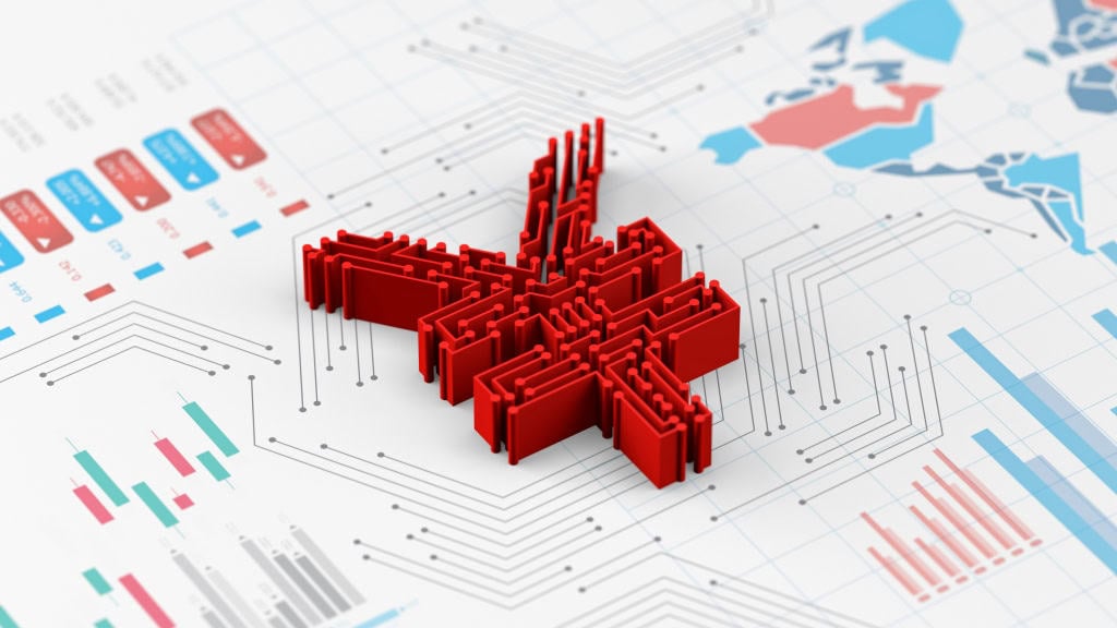 A 3d red hashtag symbol centered on a background of scattered analytical graphs and a world map, symbolizing digital data analysis or global trends in social media.
