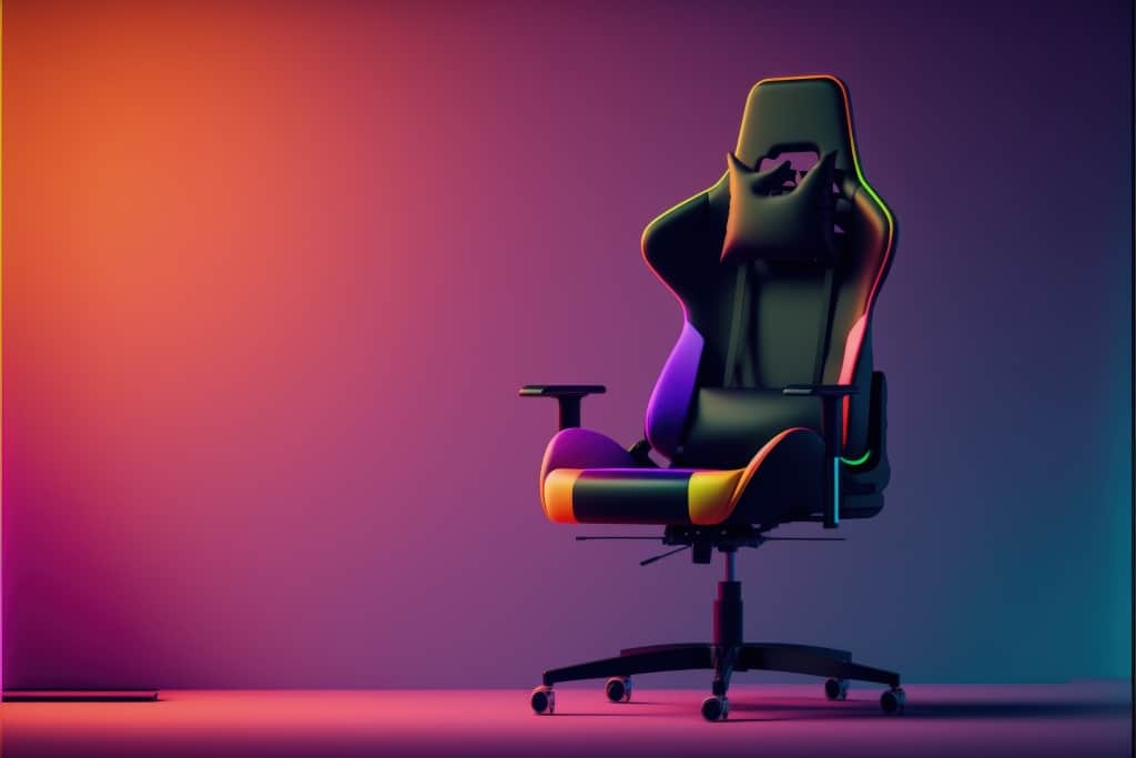 A modern gaming chair with adjustable armrests and wheels, illuminated by gradient purple and orange lighting in a dark room.