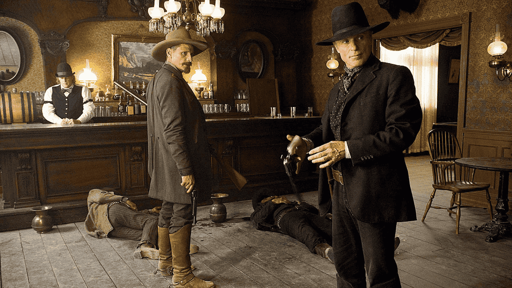 Two men in western attire stand in a saloon with a bartender behind the counter; one man holds a gun, another lies on the floor.