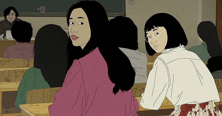 Animated image of two female characters in a classroom setting, with one in white and the other in pink looking back towards the viewer.