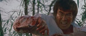 Beast Fighter Collection Blu-Ray Review – Sonny Chiba Embodies Morally Complex Martial Artist A man with a bloodied face and white shirt, appearing in distress, reaches out urgently through a bamboo thicket.