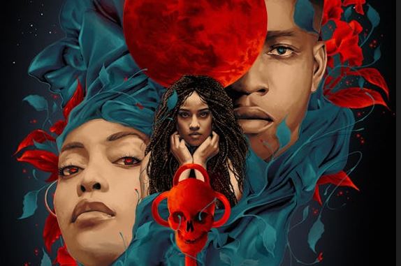 Artistic depiction featuring three faces, a skull, and swirling red and blue patterns around a central, blood-red moon.