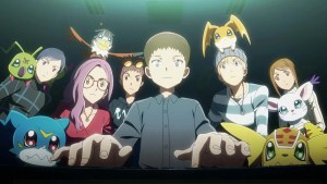 A group of animated characters with digital monsters, focused intently on something in front of them.