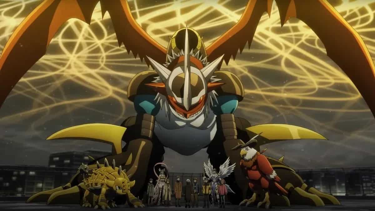 A group of animated characters and creatures standing together, with a large, imposing dragon-like figure in the background.