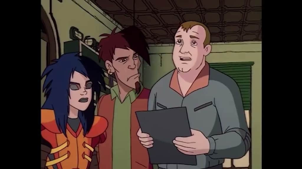 Three animated characters, one woman and two men, look puzzled while viewing a document in an industrial setting.