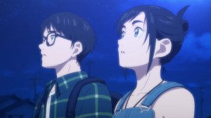 Two animated characters gazing upwards against a night sky backdrop.