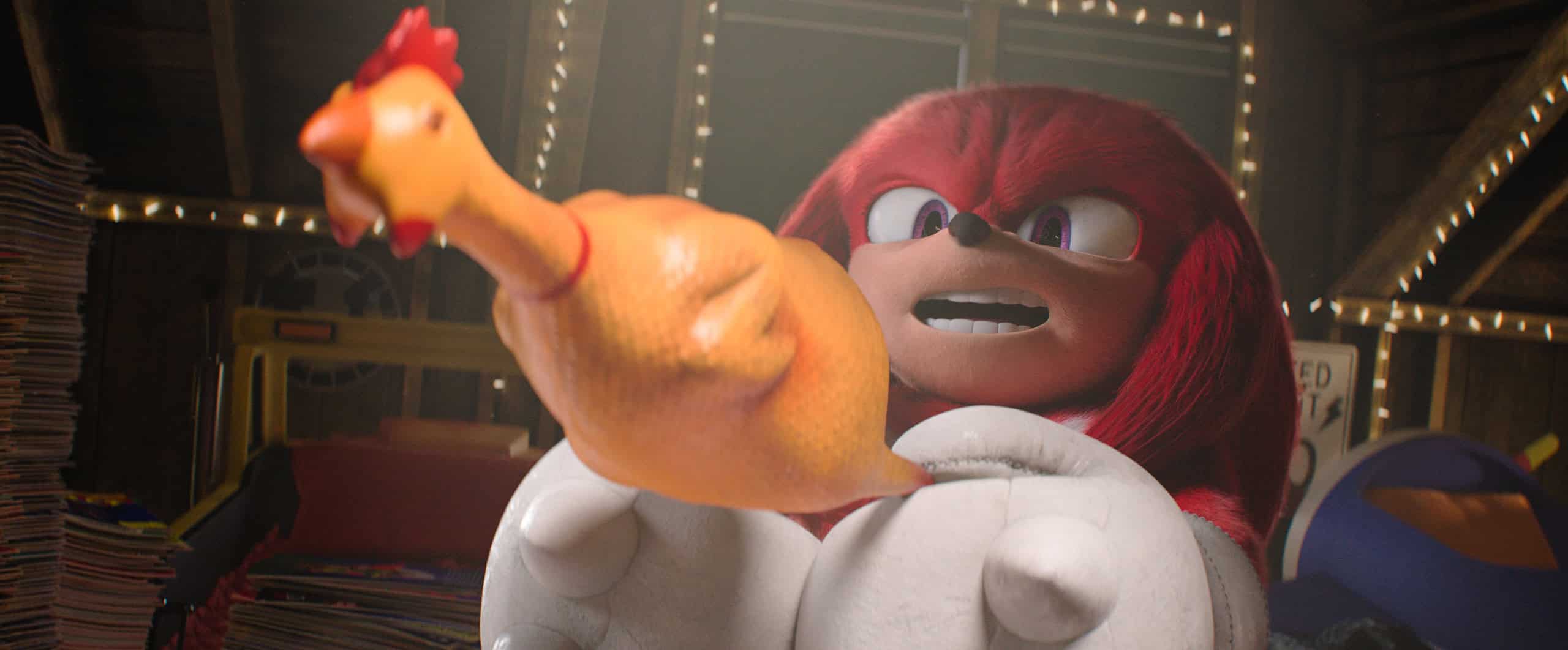 Animated red hedgehog holding a rubber chicken in a barn-like setting, looking agitated and determined.