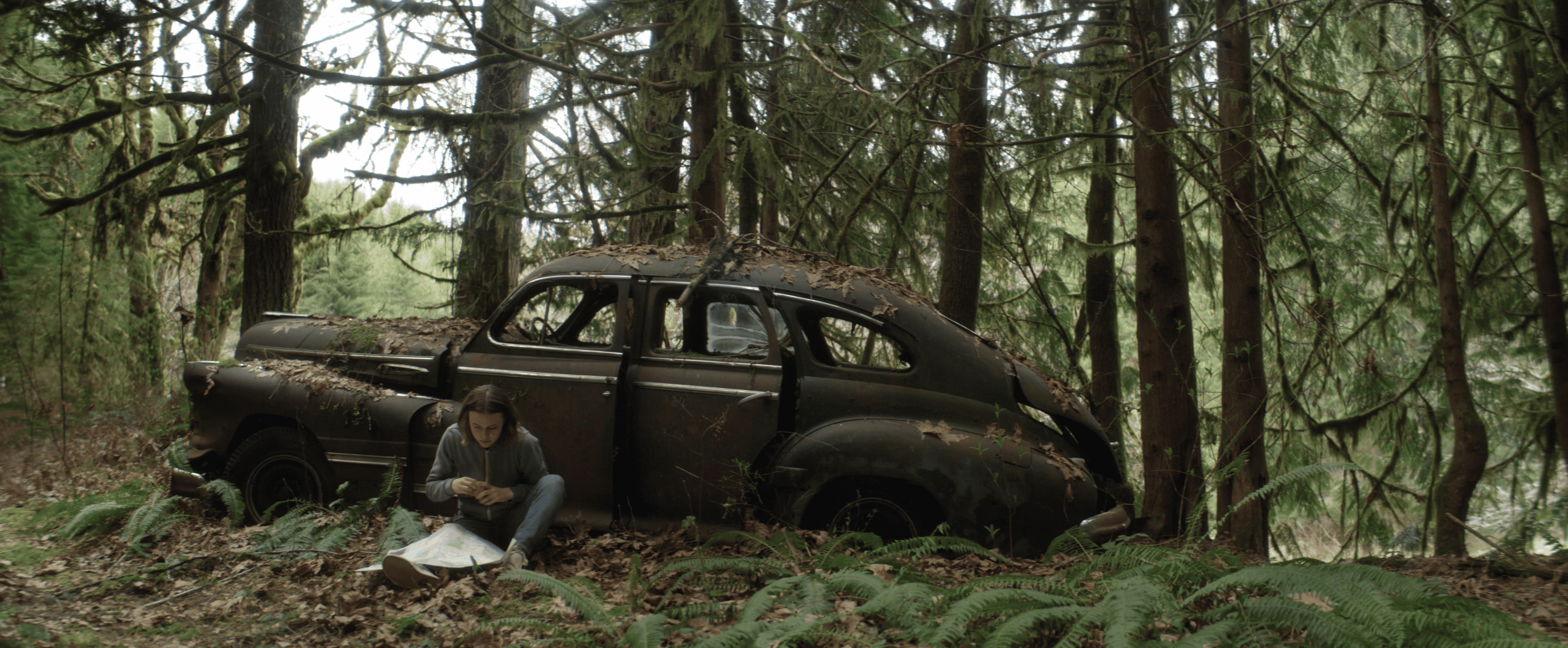 Person sitting, reading a map beside a rusted, old car in a dense forest with ferns and tall trees.