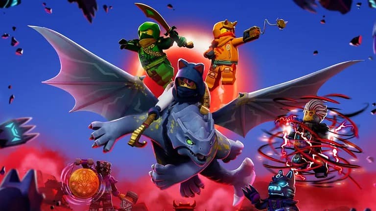 ‘LEGO Ninjago: Dragons Rising’ Season 2, Part 1 Review – Continuing The Legacy Animated characters from ninjago in action poses with a dragon and dynamic effects on a dramatic blue and red background.