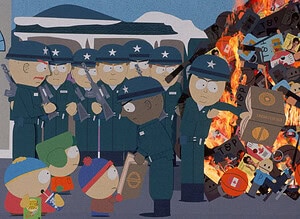 Illustration from "south park" showing characters in front of burning books, with police in riot gear observing.