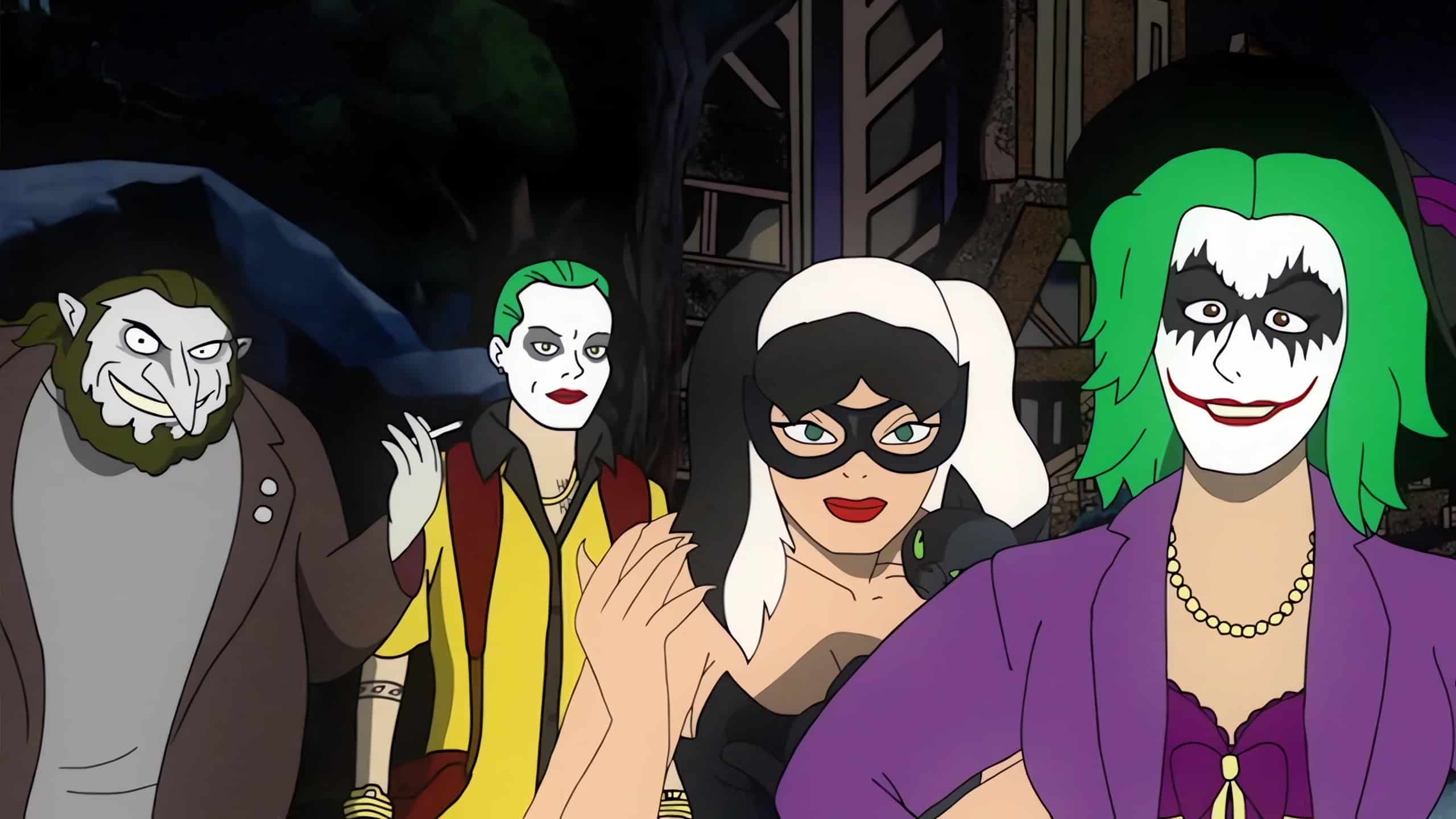 Animated portrayal of four characters resembling joker and harley quinn in various costumes, standing together with a dark, eerie background.