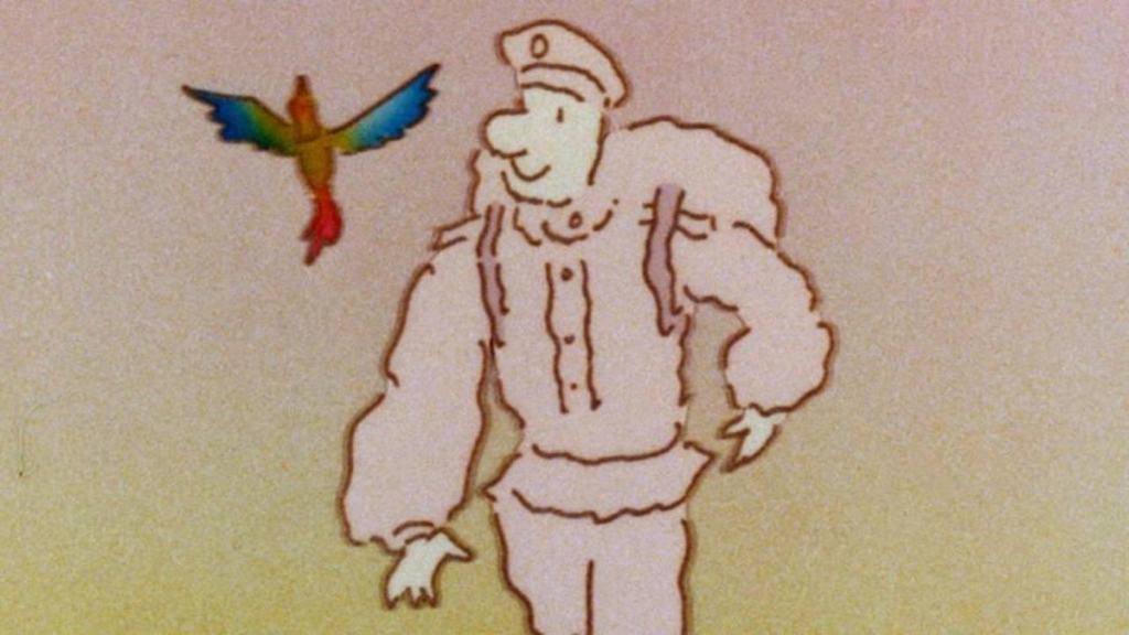 Hand-drawn animation frame of a stylized astronaut with a colorful bird flying nearby.