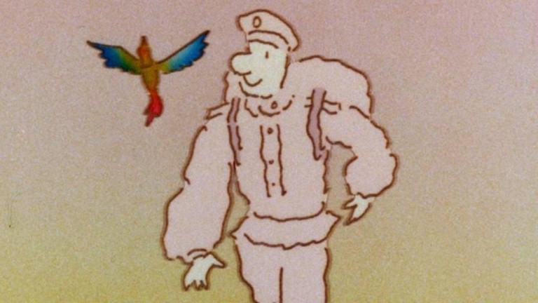 Hand-drawn animation frame of a stylized astronaut with a colorful bird flying nearby.