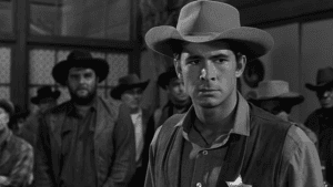 ‘The Tin Star’ Arrow Video Blu-Ray Review – A First-Rate Western From The Legendary Anthony Mann Black and white image of a young man in a cowboy hat, standing in a crowded room with several others wearing hats, looking serious.