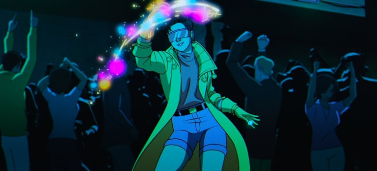 Animated character performing magic tricks with glowing orbs at a night concert, surrounded by an excited crowd.