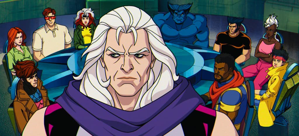 Colorful animated illustration of a group of diverse superheroes with a stern-looking leader in the foreground.
