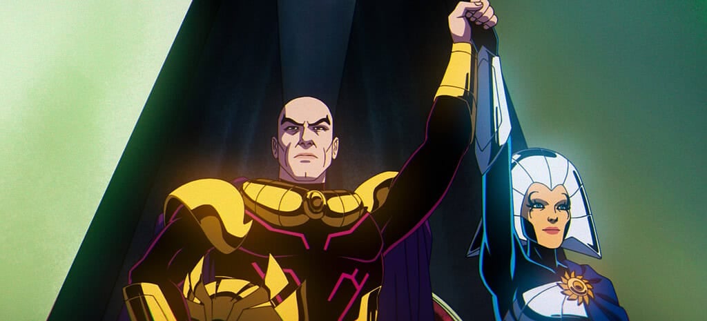 Animated superhero characters, a man in a gold and purple suit raising his fist, and a woman in blue and silver armor, standing heroically.