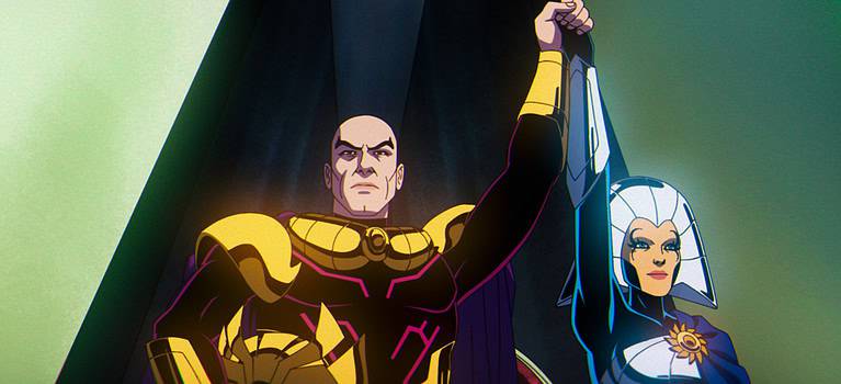 ‘X-Men ’97’ Episode 6 Recap – Genocide’s Architect: Mr. Sinister’s Shadow Looms And A Hero Returns Animated superhero characters, a man in a gold and purple suit raising his fist, and a woman in blue and silver armor, standing heroically.