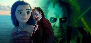 Collage of three characters: moana on the left, joaquin phoenix as joker in the center, and heath ledger as joker on the right, set against a vibrant, moody background.