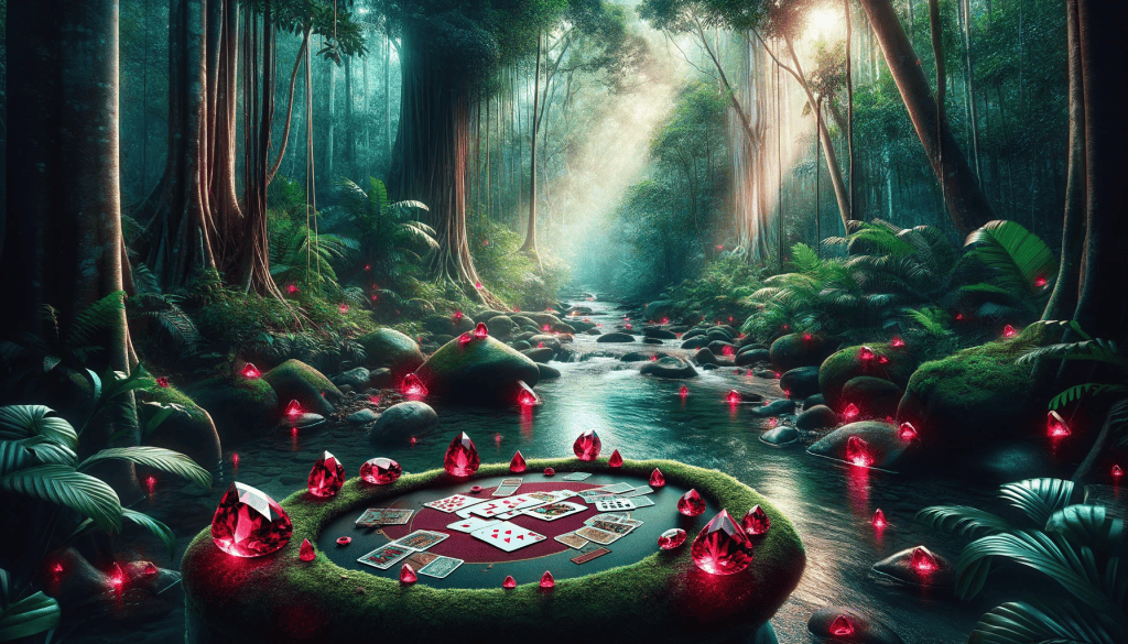 Enchanted forest scene with a stream, large trees, and a mossy rock displaying playing cards surrounded by glowing red crystals.