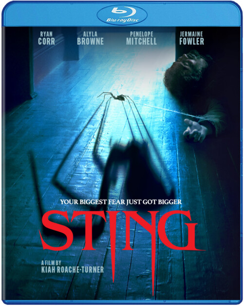Blu-ray cover of the film "Sting" showing a person reaching out for help with a large spider in the foreground. The tagline reads, "Your biggest fear just got bigger." Directed by Kiah Roache-Turner.