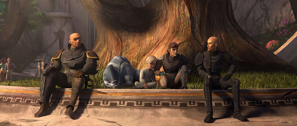 Animated scene showing three armored male characters sitting and conversing under a large tree, with a serene landscape in the background.
