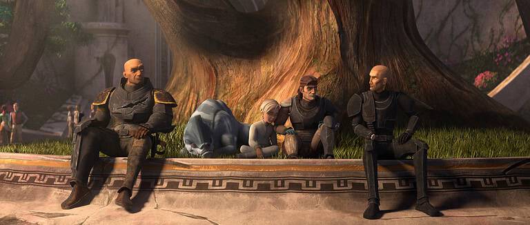 ‘The Bad Batch’ Season 3 Finale Review: A Beautiful and Well-Deserved End Of an Era Animated scene showing three armored male characters sitting and conversing under a large tree, with a serene landscape in the background.