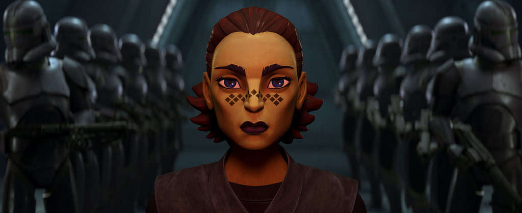 A digital illustration of a confident young woman with markings on her face, flanked by rows of uniformed soldiers in a dimly lit corridor.