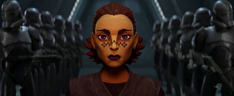 ‘Star Wars: Tales Of The Empire’ Review – A Swift, Fan-Fueled Romp Through The Stars A digital illustration of a confident young woman with markings on her face, flanked by rows of uniformed soldiers in a dimly lit corridor.