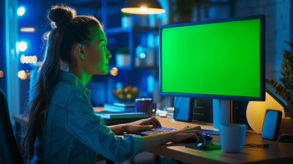 A woman sitting at a desk, working on a computer with a green screen in a dimly lit room. She is focused on her work, with office supplies and a cup on the desk.