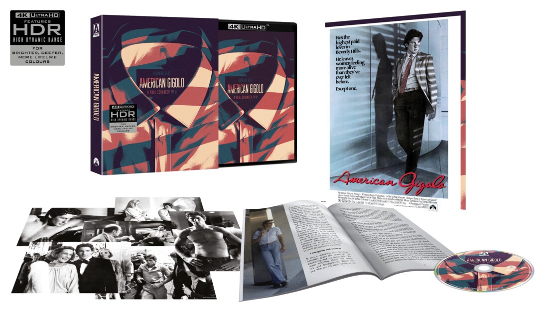 Box set of "American Gigolo" movie showing 4K Ultra HD packaging, booklet, black-and-white photos, and a disc. Features colorful cover design, bios, and stills from the film.