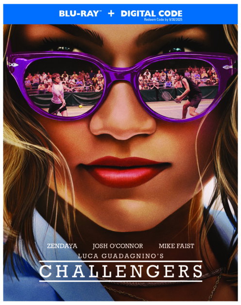 Blu-ray and digital code cover for "Challengers" featuring a close-up of a woman's face wearing purple sunglasses, reflecting a tennis match. Names Zendaya, Josh O'Connor, and Mike Faist are listed.