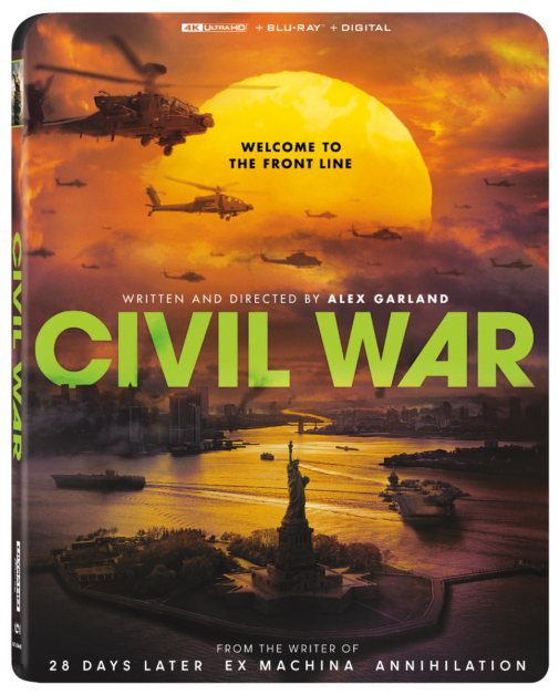 A movie poster for "Civil War," directed by Alex Garland. It features helicopters flying over a city at sunset with the Statue of Liberty in the foreground. The tagline reads, "Welcome to the front line.