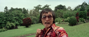 A person wearing a red floral shirt and sunglasses poses with a surprised expression and a raised fist in a green park.