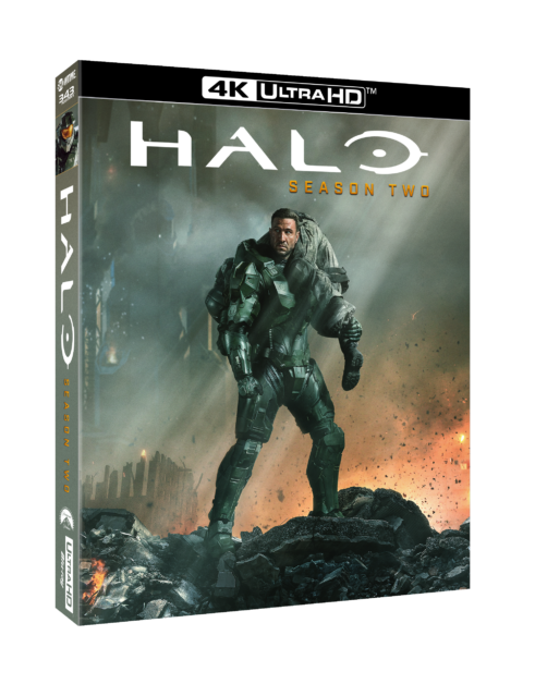Box art of "Halo Season Two" in 4K Ultra HD format, featuring a soldier in armor carrying another person through a war-torn environment.